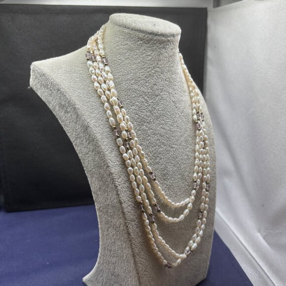 Two Separate Strands Seed Pearl Necklace Amethyst & Gold-Tone Beads 21” Doubled - Picture 5 of 8